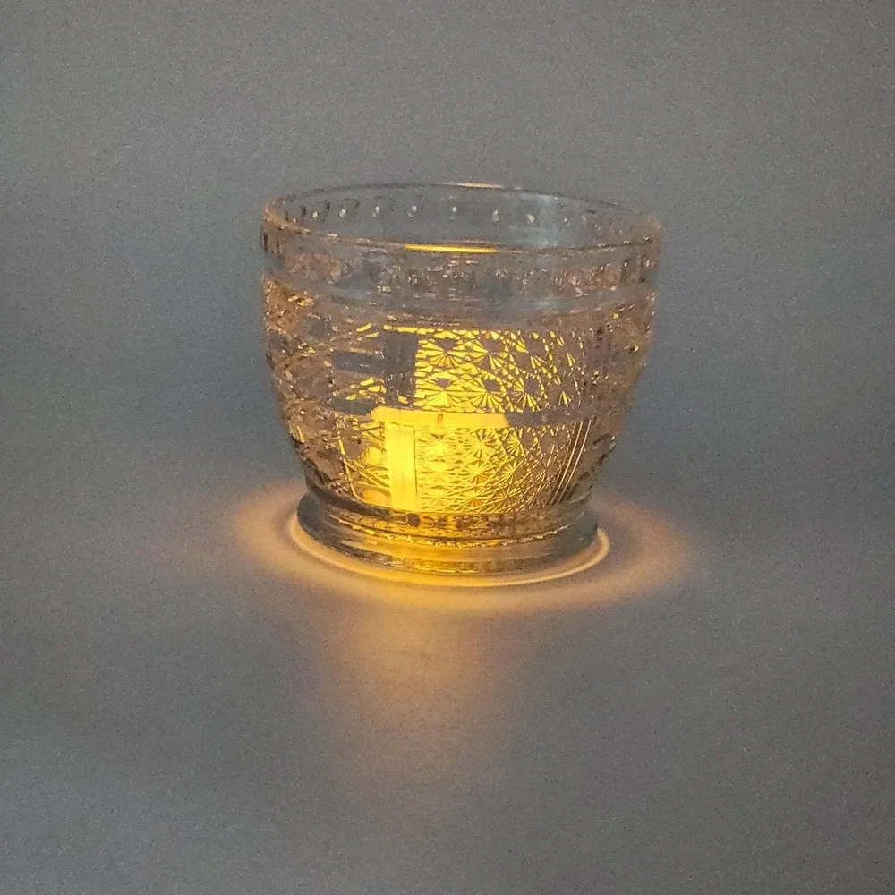 Vintage KIG Clear Pressed Glass Starburst & Geometric Panel Votive Candle Holder